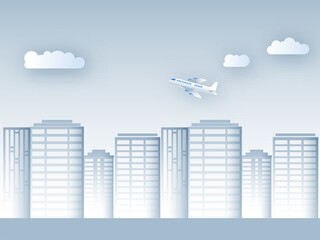 Paper Cut Residential Buildings With Clouds And Airplane On Glossy Light Blue Background.