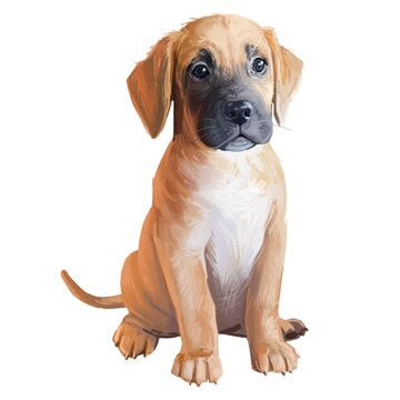 Boxer lab mix, laboxer pedigree, cross breeding pet canine animal purebred. Boxador cross breed between labrador boxer dog watercolor digital art illustration. Cute fluffy puppy full length portrait