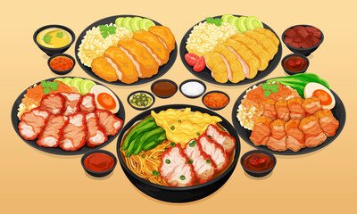 Asian foods menu set close up illustration vector.
Thai street food menu set. Chinese hainan chicken rice, Chinese crispy pork belly rice bowl, Chinese wonton noodles soup and Red roast pork with rice