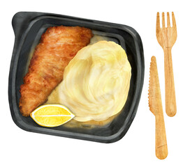 Fried fish with mashed potatoes in a container