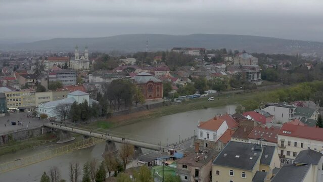 Aerial view of city Uzhhorod in autumn