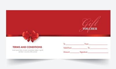 Gift Voucher Banner Or Header Design Closed With Bow Ribbon On Red And White Background.