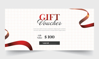 Gift Voucher Banner Or Header Layout With Realistic Wavy Ribbon On White Mandala Pattern Background.