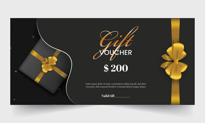 Fototapeta na wymiar Gift Voucher Banner Or Header Layout With Realistic Gift Box And Bow Ribbon On Black Background.