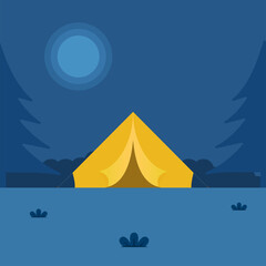 Full Moon Blue Background With Camping Tent And Trees.