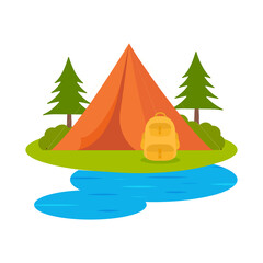 Vector Camping Tent With Backpack, Trees Against White Background.