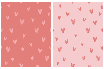 Abstract Hand Drawn Childish Style Romantic Vector Patterns. Simple Brush Hearts on Light Pink and Red Background. Modern Geometric Seamless Pattern. Irregular Freehand Print ideal for Fabric.