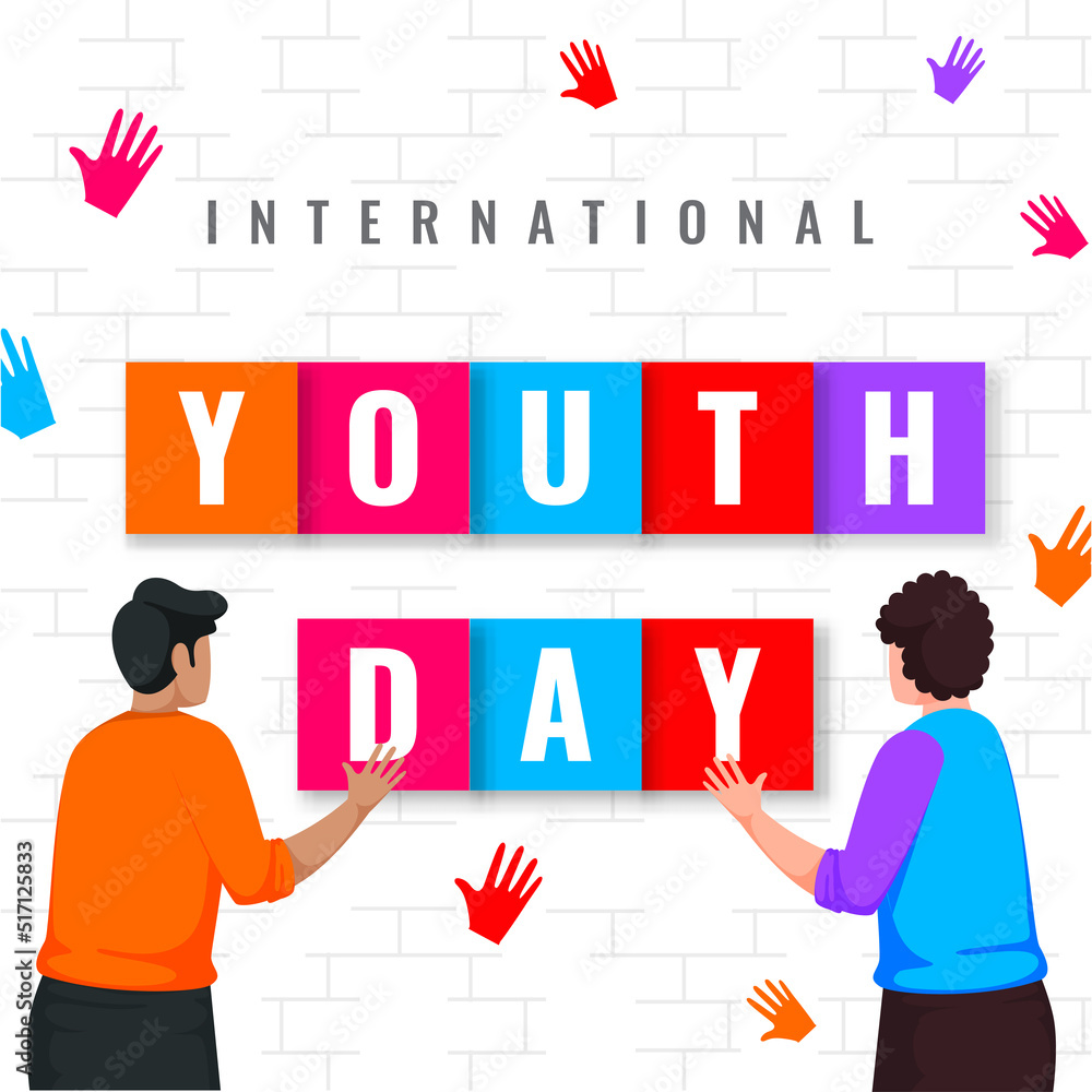 Poster Colorful International Youth Day Text With Cartoon Men Standing And Handprints On White Brick Wall Background.