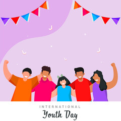 Fototapeta na wymiar International Youth Day Concept With Cartoon Teenage Friends Together On Pastel Violet And White Background.