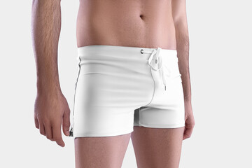 Template of white boxers on an athletic guy with a naked body, empty underpants with ties, isolated...