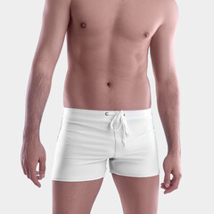 Mockup of white boxers on a man with a naked body, blank panties with drawstrings, for design, pattern, front.