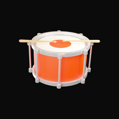 Orange Snare Drum With Sticks 3D Render Illustration On Black Background.