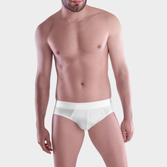 Mockup of white underpants, underwear on the athletic body of a brutal guy, isolated on a background in the studio, close-up, front view.