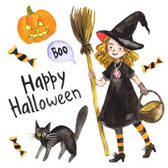 Set of children's watercolor illustrations for Halloween. A girl in a witch costume with a broom, a black cat, a pumpkin and candies. Hand-drawn and suitable for decorating All Saints' Day