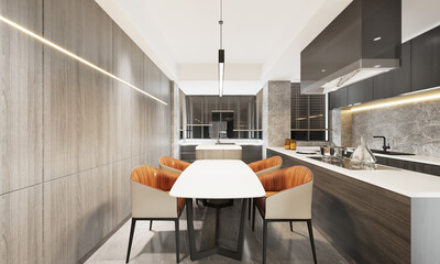 Modern Dining and kitchen interior with dining table and chairs.3D illustration