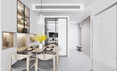 Modern Dining and kitchen interior with dining table and chairs.3D illustration