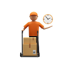 3D Render Of Faceless Delivery Boy Holding Trolley Of Boxes And Clock On White Background.