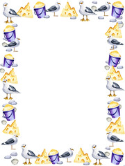 watercolour summer background, sea theme, seabird, sand, stone, cute hand drawn border, sketch