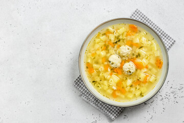 Chicken meatball soup. Top view, copy space.