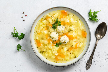 Healthy vegetable meatball soup. Top view, copy space.