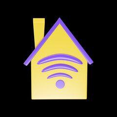 Yellow And Purple Wifi Home 3D Illustration On Black Background.
