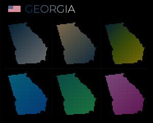 Fototapeta na wymiar Georgia dotted map set. Map of Georgia in dotted style. Borders of the us state filled with beautiful smooth gradient circles. Neat vector illustration.