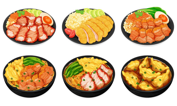 Chinese food set collection isolated close up menu illustration vector. Asian food set recipes. Thai street food menu. Chinese BBQ pork with a sweet flavor. Hainanese chicken rice. Crispy pork belly.