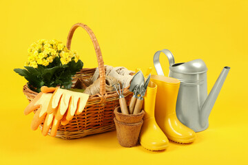 Gardening tools and accessories on yellow background