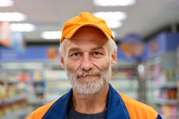 Confident senior man looks at the camera in supermarket