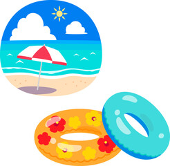 ビーチの風景と浮き輪