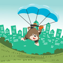 Vector illustration of a cute little fox flying with a parachute. with cartoon style. Creative vector childish background for fabric textile, nursery wallpaper, poster, card, vector illustration