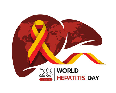 world hepatitis day - yellow red ribbon waveing around red brown liver with world map texture sign vector design