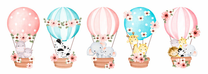 Watercolor Illustration set of Safari animals in hot air balloon © Stella