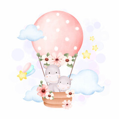 Watercolor Illustration cute hippo in hot air balloon