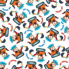 Fototapeta na wymiar Seamless pattern of Cute little fox on excavator. Can be used for t-shirt print, kids wear fashion design, print for t-shirts, baby clothes, poster. and other decoration.