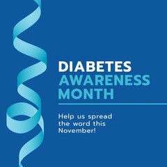 Square image of national diabetes awareness month text with blue ribbon symbol