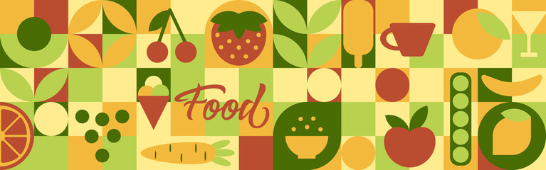 Food - set of seamless geometric shapes, circles and squares, drawn in flat cartoon vector, word lettering. Fruits and vegetables in modern trendy style - apple, orange, lemon, cherry and pea.