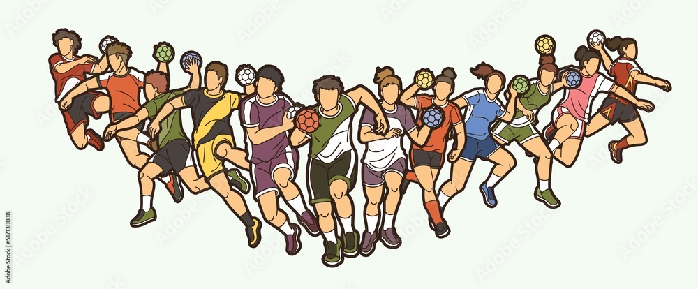 Sticker Group of Handball Players Male and Female Mix Action Cartoon Sport Graphic Vector