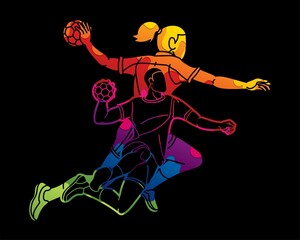Group of Handball Players Male and Female Mix Action Cartoon Sport Graphic Vector