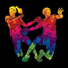 Group of Handball Players Male and Female Mix Action Cartoon Sport Graphic Vector