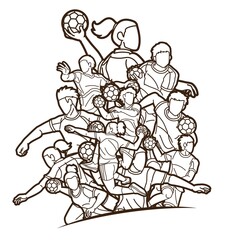 Fototapeta na wymiar Group of Handball Players Male and Female Mix Action Cartoon Sport Graphic Vector