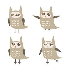 Fototapeta premium Set of cute owls in different poses. Cartoon owl in pastel colors. Flat style.