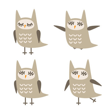 Set of cute owls in different poses. Cartoon owl in pastel colors. Flat style.