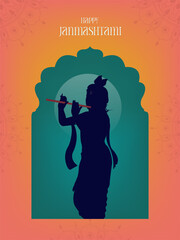 Happy Janmashtami text with Lord Krishna playing flute vector illustration, and the Indian festival Janmashtami celebration banner, digital post, poster, and card design