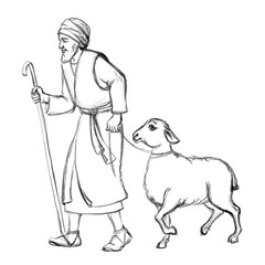 A man leads an sheep for sacrifice. Pencil drawing