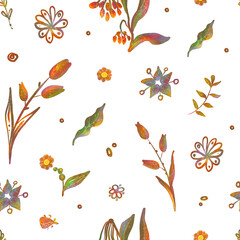 Seamless decorative floral pattern with plants and flowers on white background.