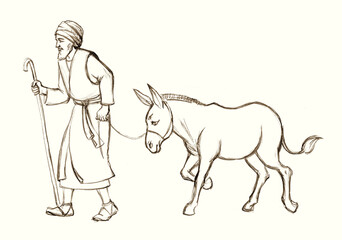 A man leads an donkey. Pencil drawing