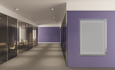 Open space office interior with like conference room. Mockup. 3D rendering.. Mockup.   Empty paintings