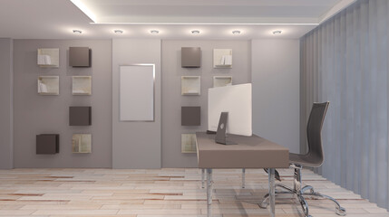 Open space office interior with like conference room. Mockup. 3D rendering.. Mockup.   Empty paintings
