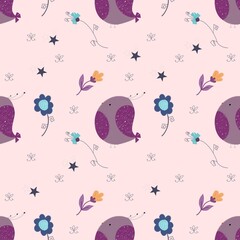 seamless pattern birds and flowers on a pink background